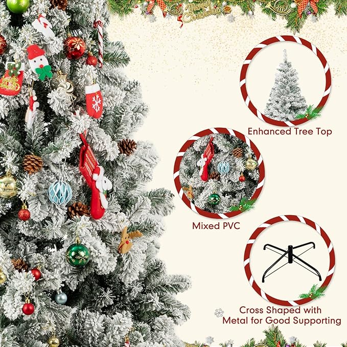 6Ft Flocked Christmas Tree,Realistic Snow-Covered Artificial Xmas Tree with Hinged Branches for Easy Setup,w/1100 Snow Flocked Branch Tips for Home,Office,Party Decoration