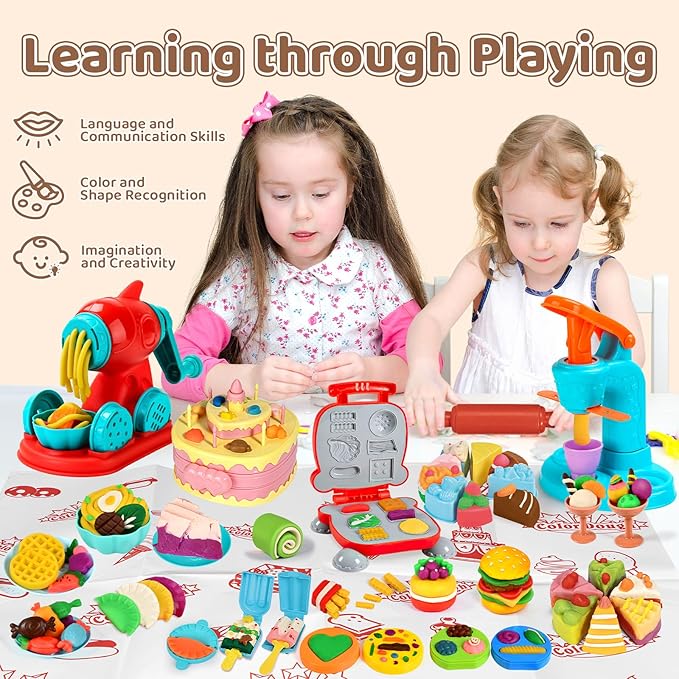 70 PCS 4 in 1 Dough Sets for Kids Ages 3-4-8, Art Crafts Dough Tools Kit, Ice Cream Playset Noodle Hamburger Cake Maker Machine, Kitchen Creations Food Play Toys Toddlers Boys Girls