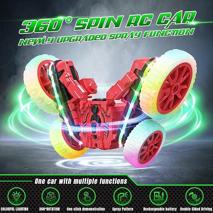360°Rotating RC Cars with Cool,RC Cars with Sides Light and Headlights,2.4Ghz All Terrain Toy Car for Boys Girls Birthday Gift(Red)