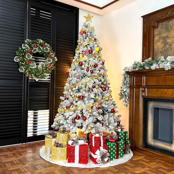 Hykolity 6ft Pre-lit Snow-Flocked Christmas Tree, Artificial Holiday Christmas Tree with 250 Warm White Lights, 1032 Branch Tips, Hinged Design & Metal Base