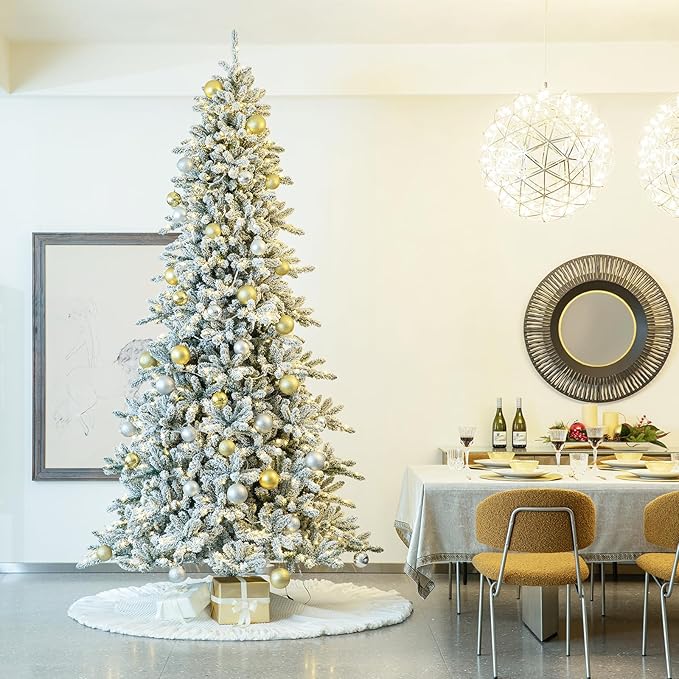 Glitzhome 10ft Pre-Lit Flocked Fir Christmas Tree, Hinged Artificial Christmas Tree with 750 Warm White Lights and Metal Base for Holiday Decoration