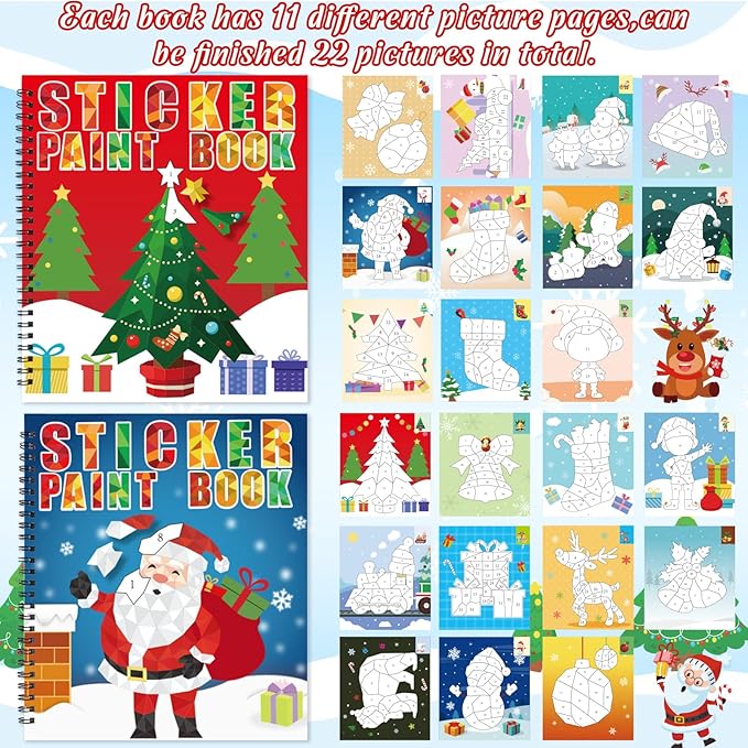 90shine 2PCS Christmas Crafts for Kids Ages 4-8 Sticker Paint Books Gifts Create 22 Pictures