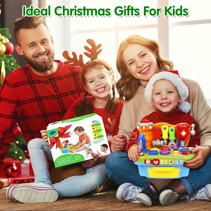 Toys for 1 Year Old Boy, Musical Toddler Tool Bench, Montessori Educational Toys with Sound Lights Effect, Shape Sorter, One Year Old Boy Birthday Gift, Engineer Pretend Play Workbench