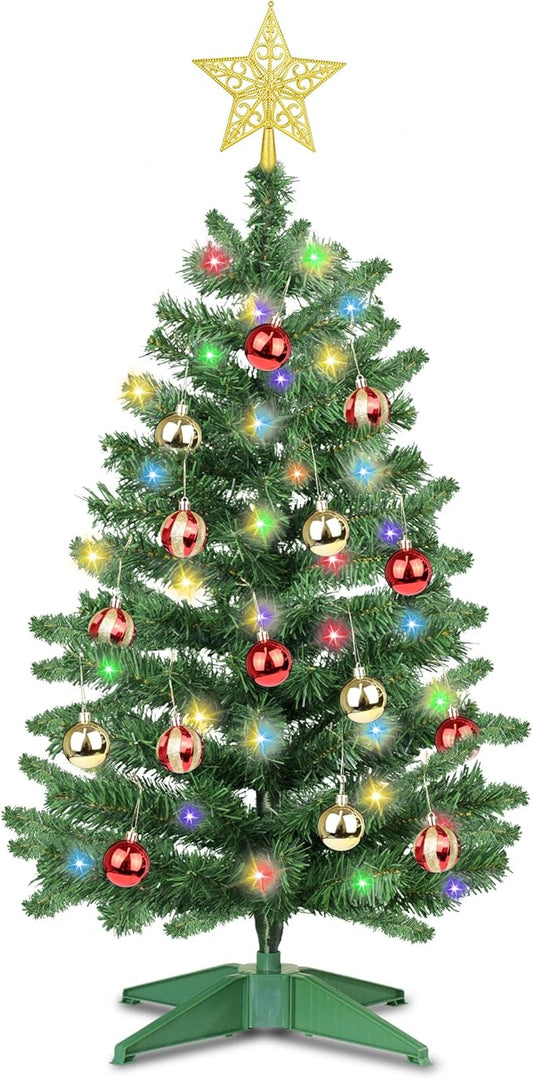 3 Ft Premium Green Christmas Tree Dual Color Change 12 Modes Timer DIY 50 Warm White & Colored Lights 15 Ball Ornaments Star Battery Operated Small Artificial Full Xmas Tree Table Indoor Holiday Decor