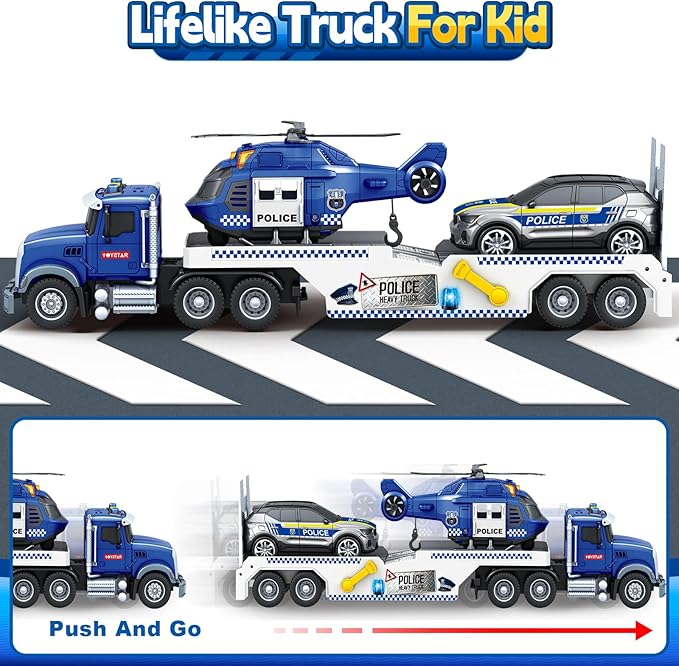 SpringFlower 21" Semi Truck Toy, 3 4 5 6 Year Old Boys Toddlers Police Truck Toy with Racing Car and Helicopter, 3 in 1 Police Car Toy, Birthday Gifts for Kids Child 3 4 5 6 Years Old