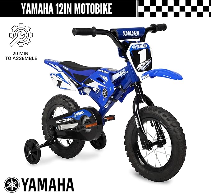Yamaha 12 Inch Motocross Style Bike for Kids | Coaster Brake, Detachable Training Wheels | Safe Pedal Powered Bicycle for Kids Age 2-4 | for Boys & Girls