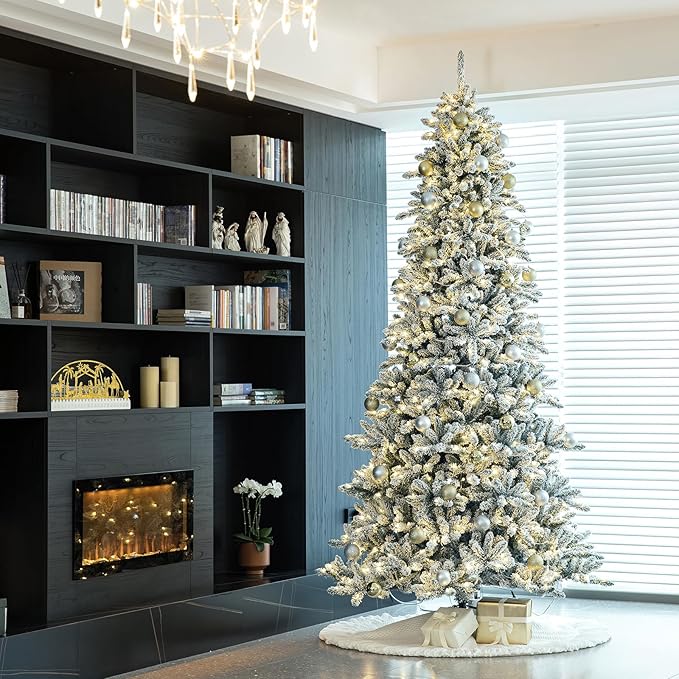 Glitzhome 10ft Pre-Lit Flocked Fir Christmas Tree, Hinged Artificial Christmas Tree with 750 Warm White Lights and Metal Base for Holiday Decoration