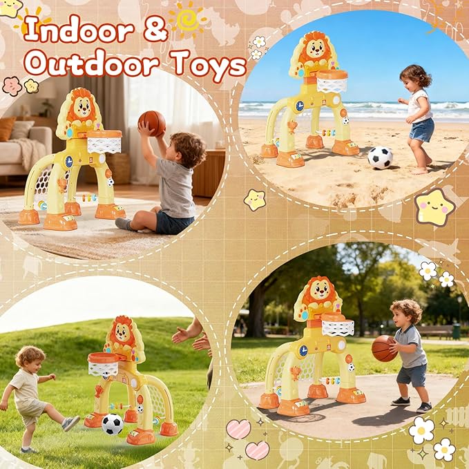 Toddler Basketball Hoop Soccer Goal for Kids 1-3, Baby Toys for 1 Year Old Boy Gifts, Kids Sports Toy with Light Sound Music, Baby Interactive Toys for Christmas Birthday Gifts for Baby(Lion)