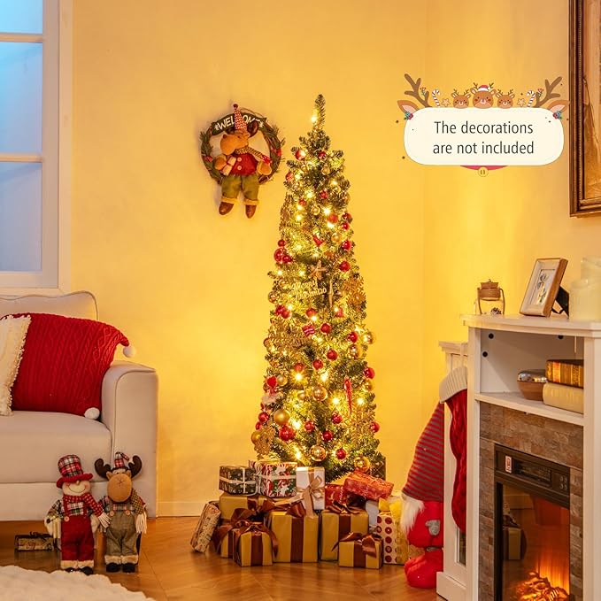 GOFLAME 5FT Prelit Pencil Christmas Tree, Slim Artificial Xmas Tree with 295 Memory Wire Branch Tips, 110 Warm White LED Lights & Upgraded Metal Stand, Seasonal Holiday Decoration Tree for Home Party