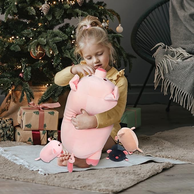 Achwishap Pig Stuffed Animal Mommy 19.6” with 3 Pig Plushies,4 PCS Cute Pig Plush Pillow,Kawaii Toys Soft Hugging Pillow for Kids Girls Boys Gifts(Pink Pig Family)