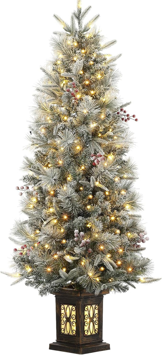GarveeHome 4.5 ft Pre-Lit Flocked Artificial Christmas Tree with Pine Cones, Artificial Xmas Tree w/ 386 Branch Tips & 200 Lights, Antique Urn Base for Home, Party Decoration,1 PCS