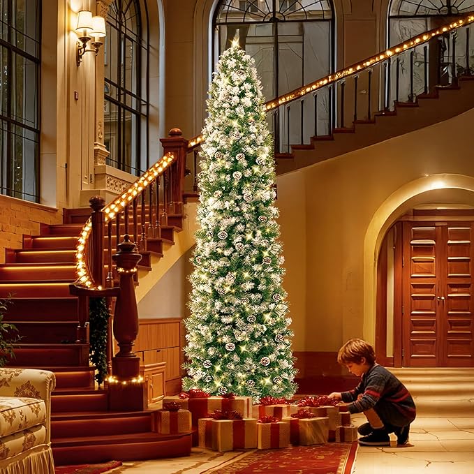 HOLLO STAR 9 ft Prelit Christmas Tree with 500 LED Lights, App Control, Slim Pencil Christmas Tree, Multi-Color RGBW Lights, 1426 Flocked Frosted Tips, Xmas Tree, 95 Pine Cones, for Home, Party