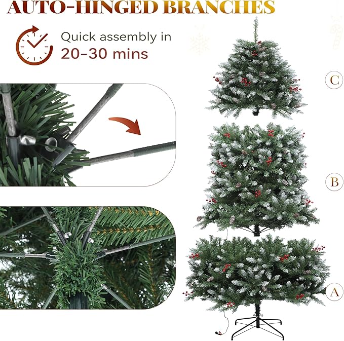 YITAHOME 6FT Prelit Frosted Green Artificial Christmas Tree with Remote, Pre-Decorated Christmas Tree w/ 1838 Tips, 80 Pine Cones & 80 Berries, 450 Warmwhite & Multi-Color Lights, 11 Modes, Green Bell