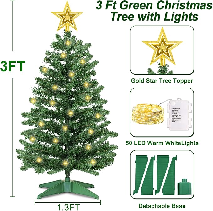 3 Ft Green Christmas Tree with Lights, Timer 8 Modes 50 Warm White Lights Battery Operated Small Artifical Full Christmas Tree for Tabletop Home Office Indoor Outdoor Xmas Holiday Party Decorations
