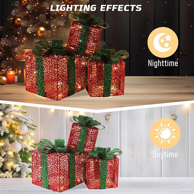Christmas Light Gift Box Decorations, 3-Piece Set, Pre-Strung Wired Gifts with Bows, Illuminate Christmas Tree Skirt Decorations. Suitable for Indoor and Outdoor Use. (Christmas Colors)