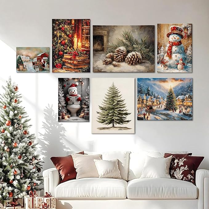 AbcCustomize Vintage Christmas Tree Canvas Wall Art, Botanical Pine Tree Print Poster, Rustic Holiday Canvas Wall Art for Christmas Decorations, Gifts and Winter Decor, Ready to Hang