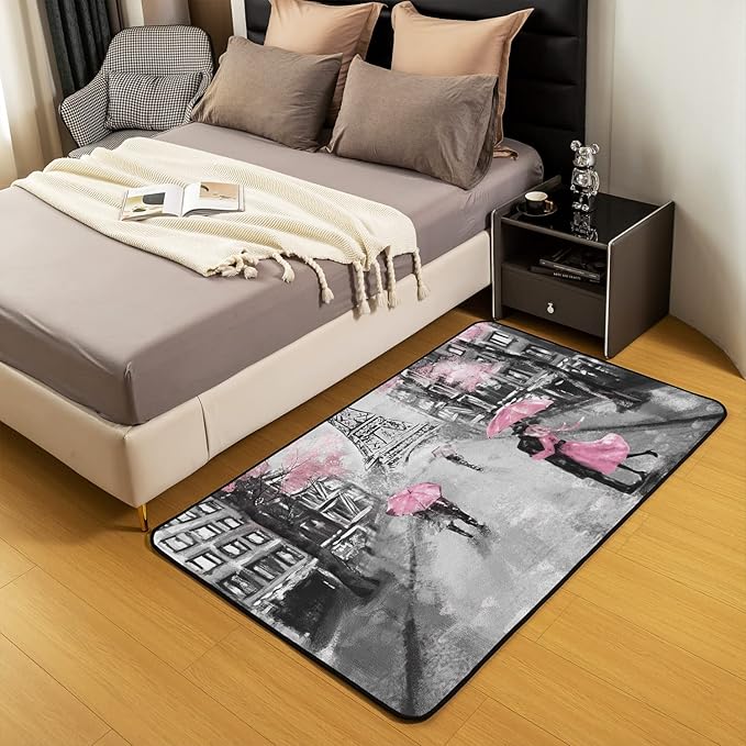 Paris Area Rug 5x6'6'', French Eiffel Tower Rugs for Girls Kids Women, Paris Themed Cherry Blossoms Carpet, Couple Retro Gray Building Non Slip Pink Grey Decorative Rug for Living Room