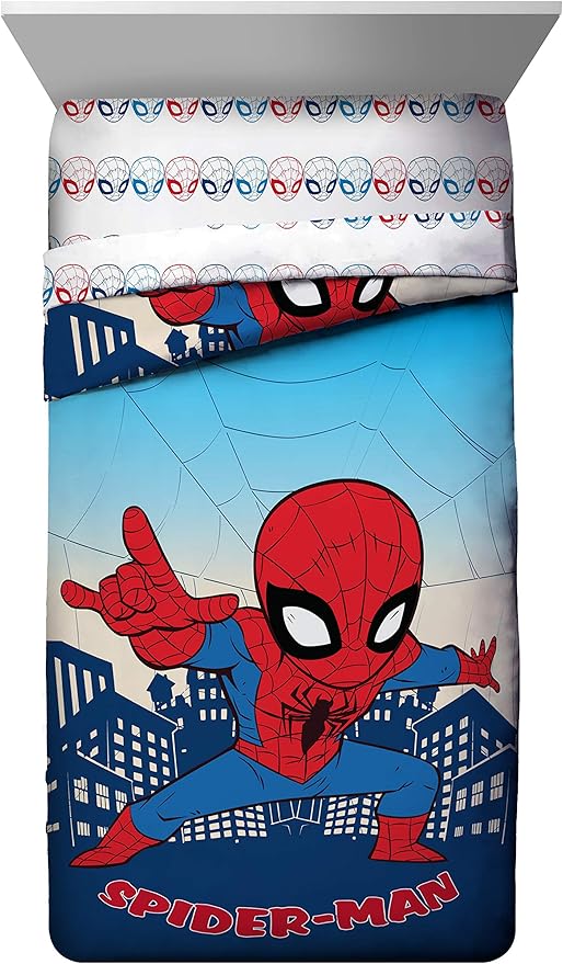 Jay Franco Marvel Super Hero Adventures Go Spidey 4 Piece Toddler Bed Set – Super Soft Microfiber Bed Set Includes Toddler Size Comforter & Sheet Set - Bedding Features Spiderman