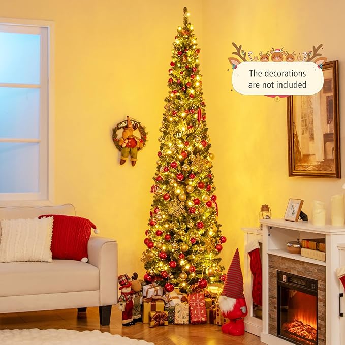 GOFLAME 8FT Prelit Pencil Christmas Tree, Slim Artificial Xmas Tree with 671 Memory Wire Branch Tips, 250 Warm White LED Lights & Upgraded Metal Stand, Seasonal Holiday Decoration Tree for Home Party