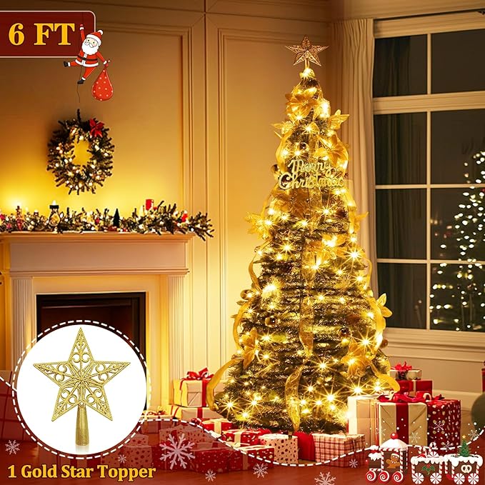 6Ft Pop Up Full Christmas Tree Prelit Dual Color Change and Pre-Decorated 80 Ornaments 1 Minute Christmas Tree 200 Warm White&Colored Lights Timer 8 Mode UL Plug in Collapsible Xmas Tree Holiday Decor