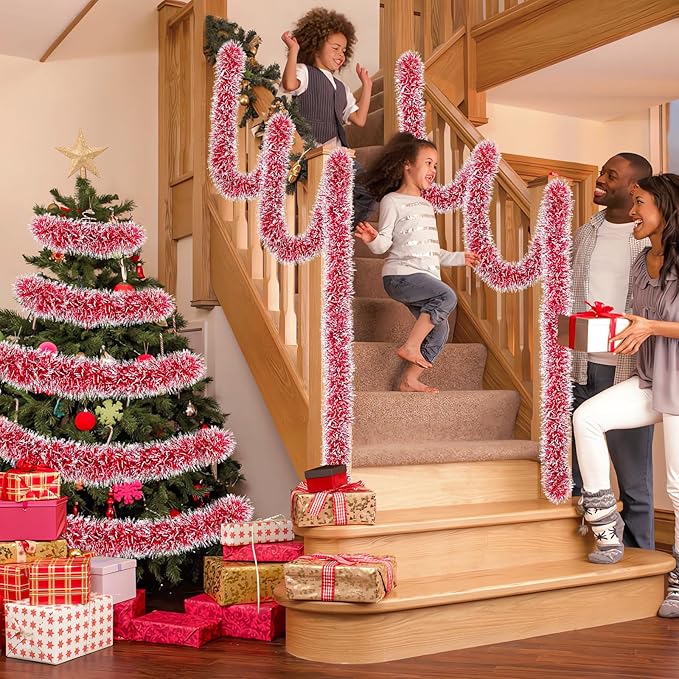 50Ft Christmas Red Tinsel Garland Xmas Tree Decorations Metallic Glitter Twist Garland for Christmas Decorations Anniversary Birthday Wedding Holiday Supplies Indoor Outdoor Supplies