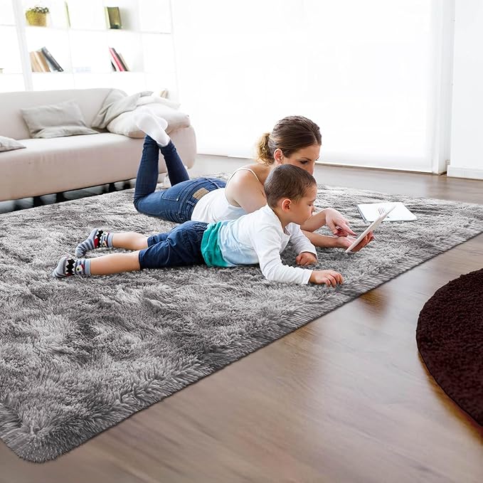 5x8 Fluffy Soft Living Room Bedroom Rug, Large Tie-Dyed Grey Area Rugs Shaggy Carpet for Living Room Classroom Kids Babys Playroom Toddler Nursery Dorm Home Decor, Modern Indoor Non Slip Rug