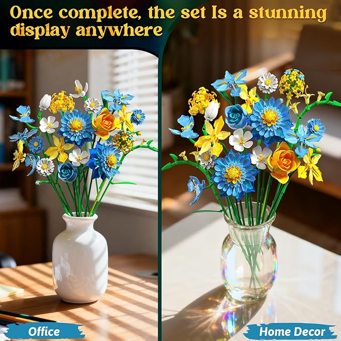 Flowers Building Kit Botanical Collection Compatible with Lego Flowers Set, Gifts for Adult Girls & Women, Home and Office Decor Gift for Christmas Day, Valentines, Birthday