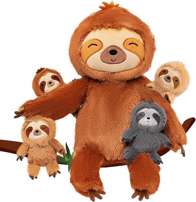 OUOZZZ Sloth Stuffed Animal with Babies Inside - 19" Plush Toy with 4 Baby Sloths - Gift Present Toys for Girls, Boys, Kids, Toddler