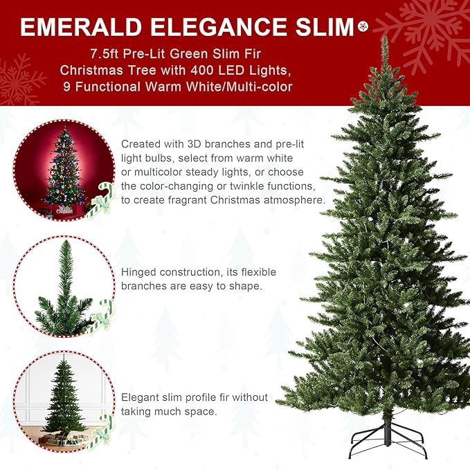Glitzhome 7.5ft Prelit Christmas Tree, Artificial Christmas Tree Emerald Elegance Slim Green Fir Tree with 400 LED Lights, 1336 Branch Tips, 9 Functional Warm White/Multi-Color, Remote Controller