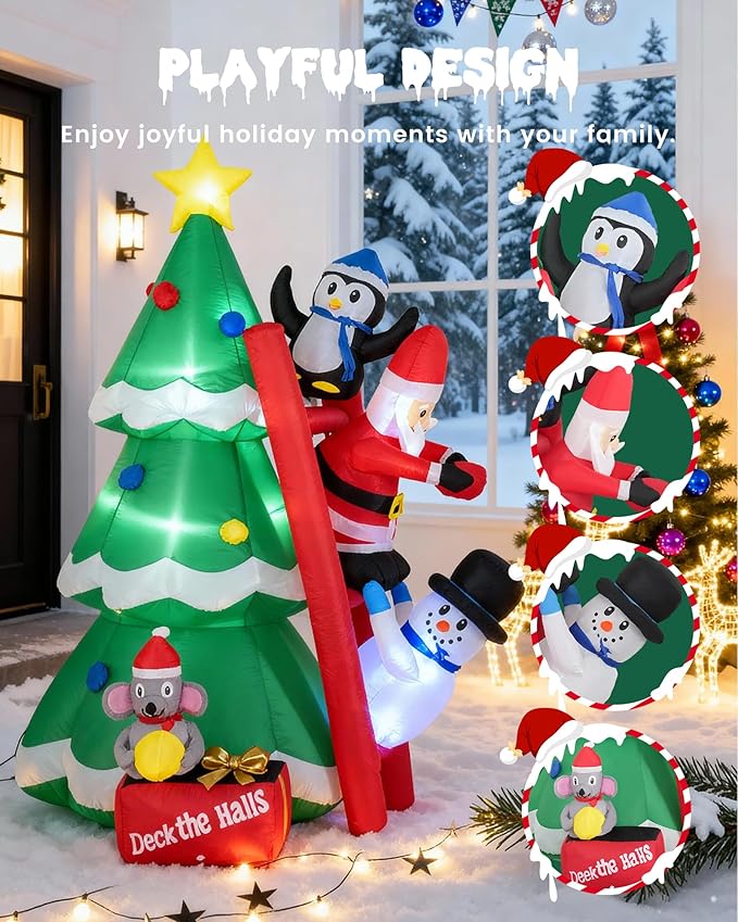 6FT Inflatable Christmas Tree with LED Lights, Blow Up Christmas with Penguin Snowman Santa and Mouse Outdoor Yard and Indoor Holiday Decor for Patio Garden Lawn