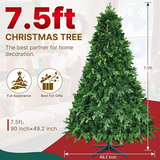 7.5FT Christmas Tree with Auto-Rotating Stand, Green Pre-Lit Artificial Xmas Trees with Remote & Music Function, PE&PVC, 1470 Branch Tips, 470 LEDs, Warm & Multi-Color Light, 8 Lighting Modes