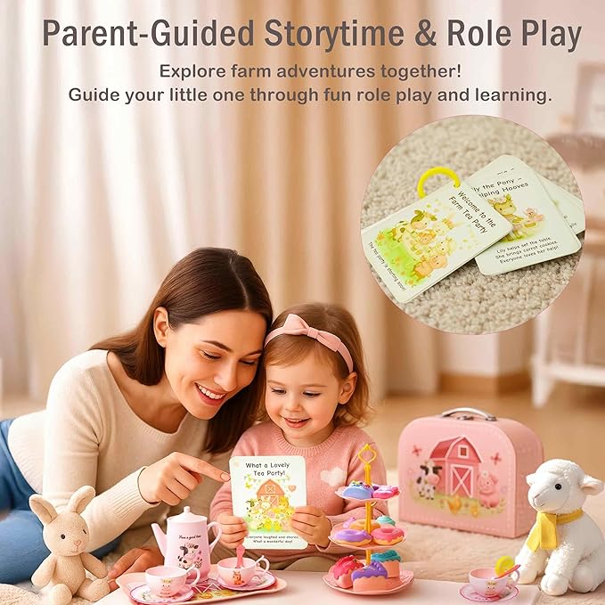 Toddler Farm Theme Tea Set for Girls 3-5, 47PCS Plastic Barn Animal Pretend Play Tea Party Set with Teapot, Cups, Tray, Desserts & Story Cards, Carrying Case Pink Gift Toy for Kids