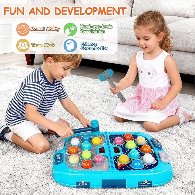 Whack Game Mole for Toddlers, Toys for 3-12 Year Old Boys and Girls, Pounding Game for Kids,Gifts for 3 4 5 6+ Year Old Boys, Interactive Educational Toy with Sound and Light,PK Mode with 2 Hammers