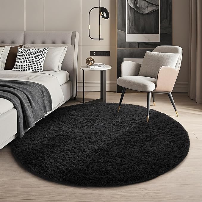 Ophanie Round Rug 4Ft Black Circle Area Rug, Room Decor for Men, Fluffy Fuzzy Bedroom Carpet, Plush Soft Shaggy Living Room Rugs for Kids Home Decor Aesthetic, Nursery