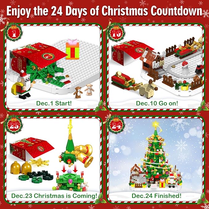 Shemira Advent Calendar 2025 Christmas Tree Building Toy Set with LED light, 24 Days Christmas Countdown Calendar Building Blocks, Advent Calendar Christmas Gifts for Adults Teens Kids Ages 6+