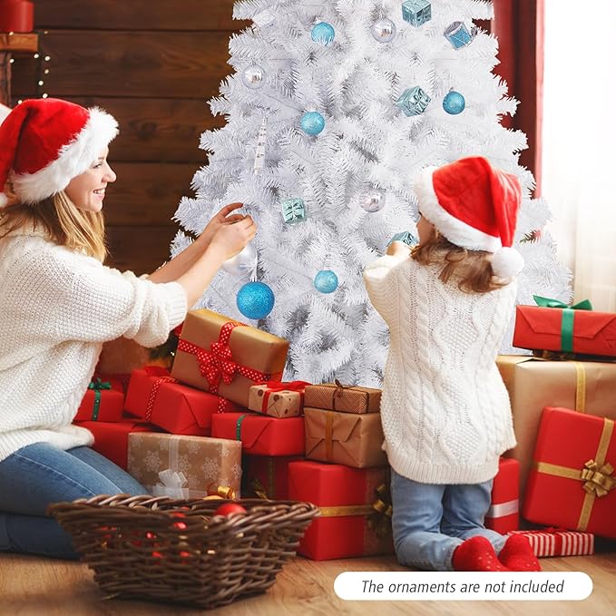 GOFLAME 7.5FT White Christmas Tree, Artificial Hinged Christmas Tree with 1346 PVC Branch Tips and Folding Metal Stand, Indoor Outdoor Xmas Decoration Tree for Home Office Party, Easy Setup