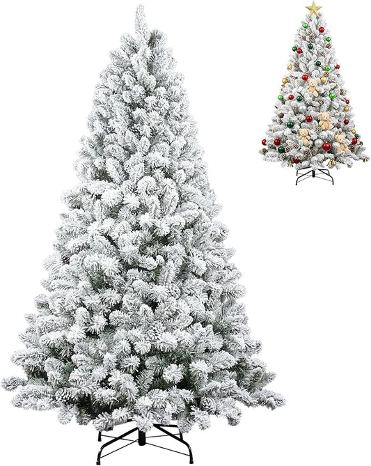 6Ft Flocked Christmas Tree,Realistic Snow-Covered Artificial Xmas Tree with Hinged Branches for Easy Setup,w/1100 Snow Flocked Branch Tips for Home,Office,Party Decoration