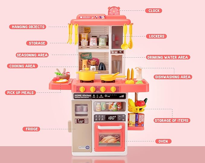 Kids Kitchen Play Set，Interactive Kids Kitchen Play Set with 50Pcs of Pretend Kitchen Toys，Realistic Sound Effects，and Simulated Functionality - Suitable for Toddlers Aged 3-5 Years(Pink)
