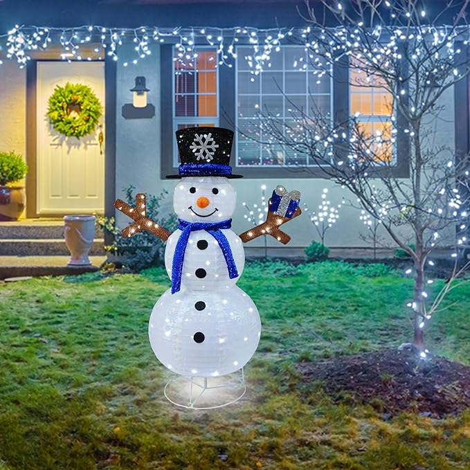 Outdoor Snowman Lighted, Pop-Up Snowman Outdoor Yard Christmas Decorations Prelit 100 Lights, Collapsible Lighted Snowmen Wears Blue Scarf and Holds Light Up Gift Box for Home Porch Yard Décor-Blue
