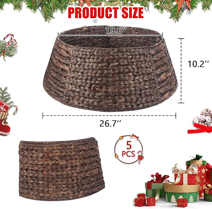 Christmas Tree Collar 27'' D Handmade Hyacinth Tree Collar Basket Rattan Wicker Christmas Woven Tree Ring Stand Base Cover for Christmas Holiday Decoration-Round Brown