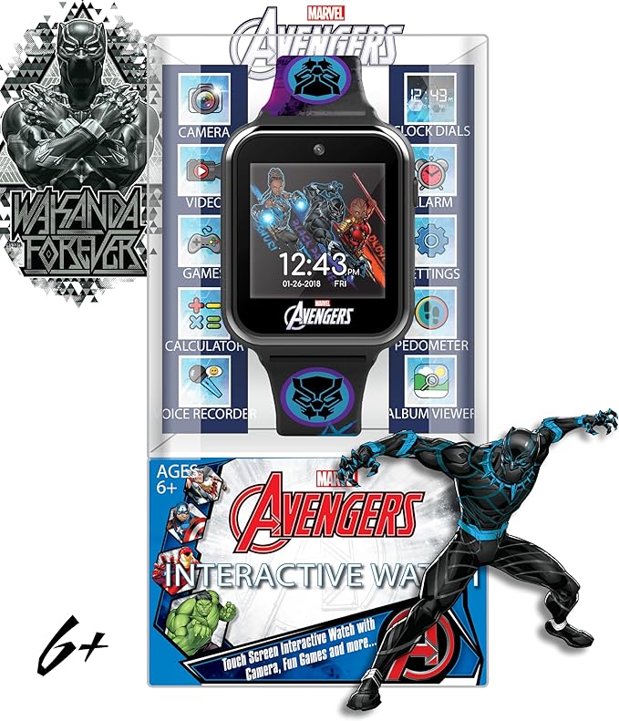 Accutime Kids Marvel Black Panther Black Educational ,Touchscreen Smart Watch Toy for Boys, Girls, Toddlers - Selfie Cam, Learning Games, Alarm, Calculator, Pedometer (Model: AVG4608AZ)