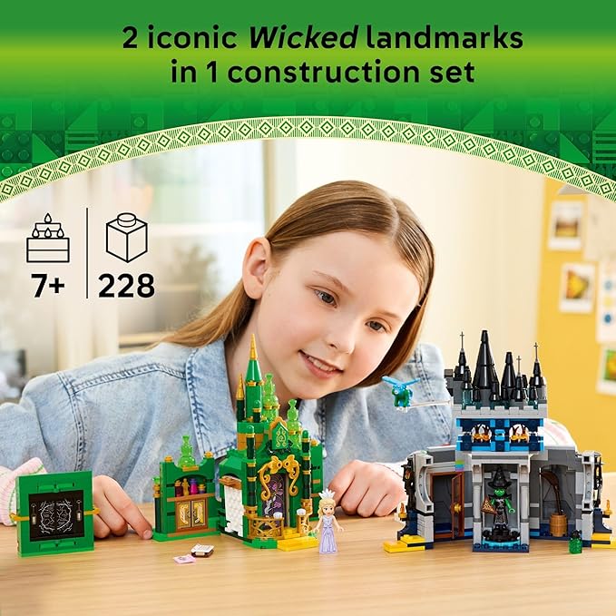 LEGO Wicked Emerald City & Kiamo Ko Castle Building Toy - Elphaba & Glinda Toy Figures, 2 Buildable Playsets, & Flying Monkey Minifigure for Kids, Ages 9+ - Wicked Merch Gift for Girls & Boys - 75689