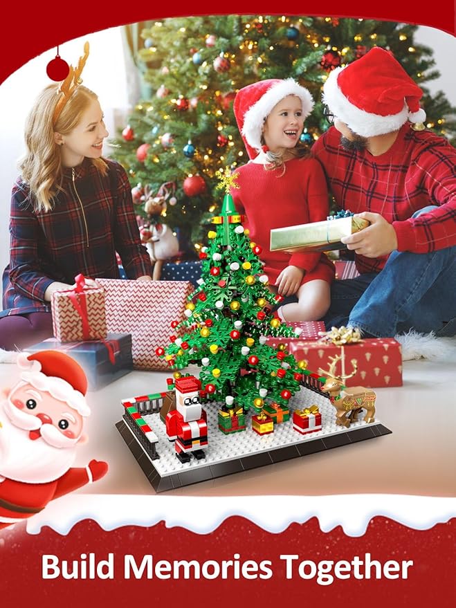 Christmas Tree Building Blocks, Christmas Decorations Set with Santa Claus & Reindeer, Creative Tabletop Decor Xmas Gifts Toys for Kids Adults Teen Boys & Girls
