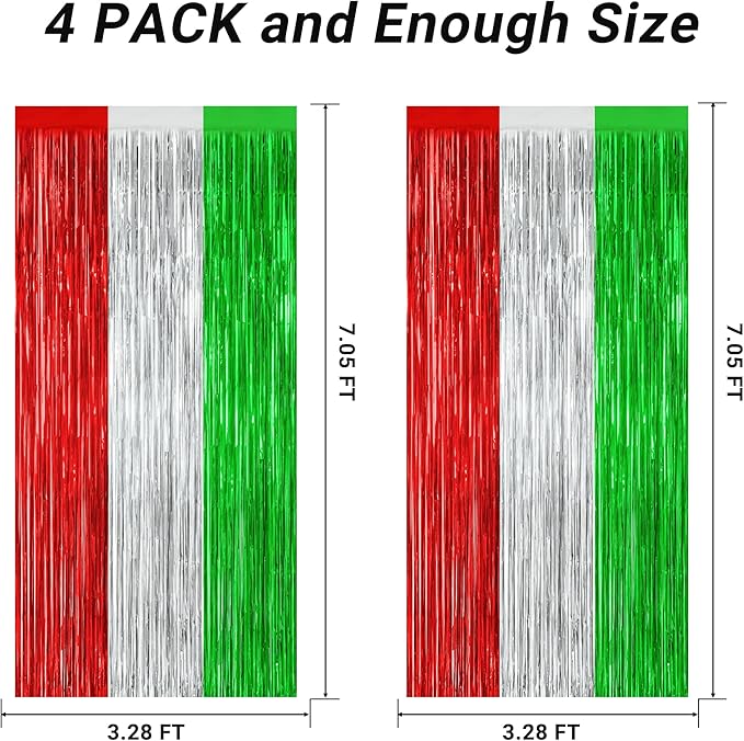 4 Pack Christmas Curtains, 3.28 FT x 7.05 FT Red Silver Green Foil Backdrop, Metallic Foil Fringe Curtains Party Streamer Picture Backdrop, Christmas Door Decorations Photo Props Party Supplies