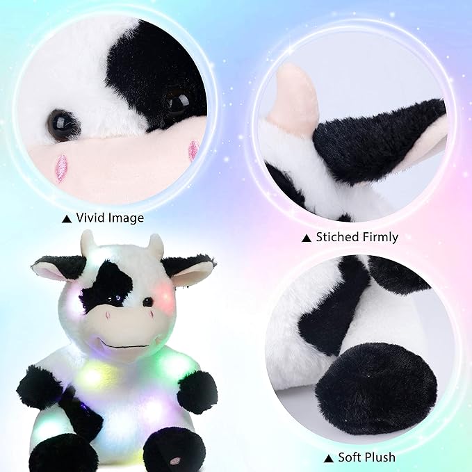 Hopearl LED Plush Cow Lighting Up Stuffed Animal Diary Cattle Floppy Night Lights Glow in The Dark Birthday Festival for Kids Toddler Girls, 13''