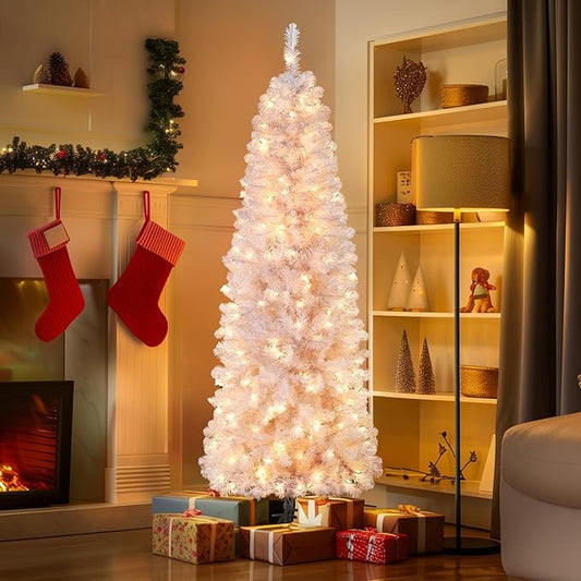 SHareconn 7.5ft Prelit Artificial Hinged Slim Pencil Christmas Tree with Warm White Lights, Full Branch Tips, Perfect Choice Decoration for Xmas Holiday, 7.5 FT, White