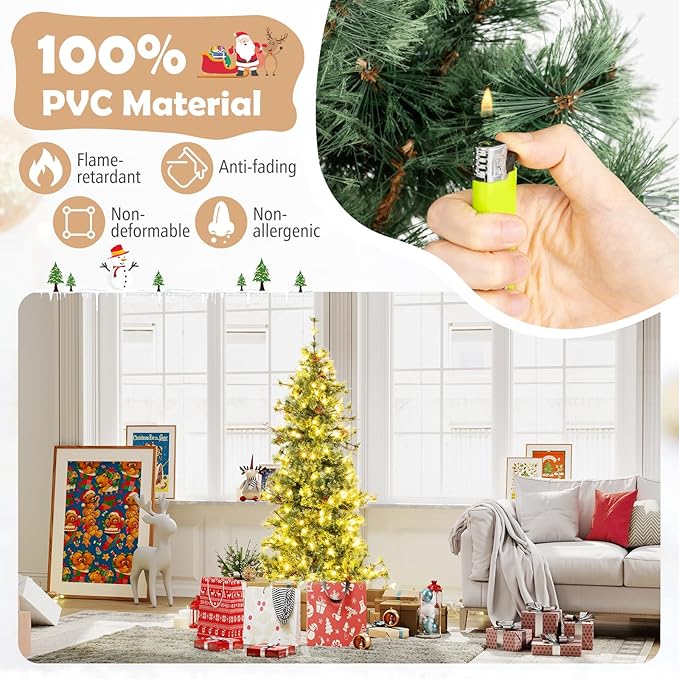 GOFLAME 6FT Pre-lit Christmas Tree, Artificial Xmas Tree with 200 Warm White LED Lights, 370 Branch Tips, Withered Branches, Pine Needles & 22 Pine Cones, Holiday Decoration Tree for Home Party