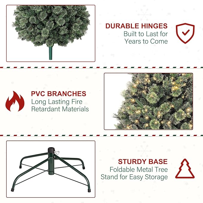 7.5 ft Prelighted Pine Christmas Tree, Artificial Christmas Tree with 450 Warm White Lights, 1580 PVC Branch Tips, Premium Stand, Easy Assembly for Indoor Holiday Decorating