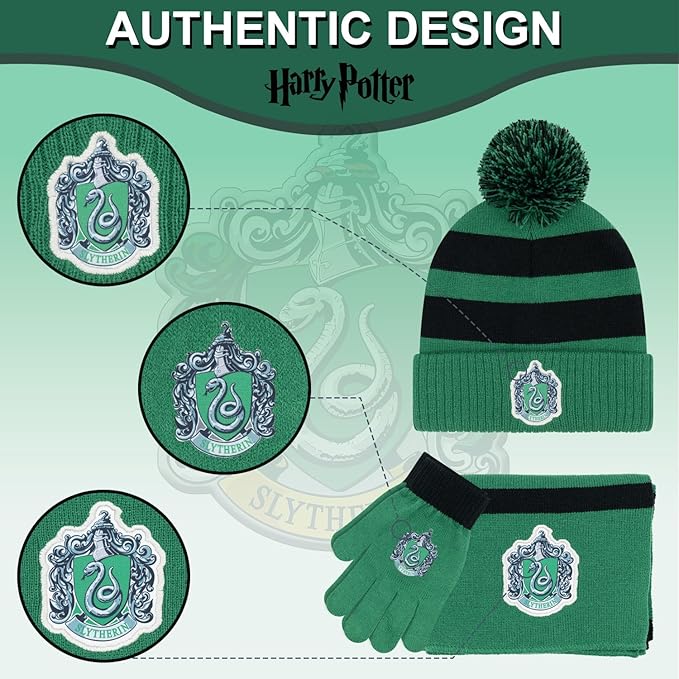 Harry Potter Winter Hat and Gloves with Set, Gryffindor, Slytherin, Hufflepuff, Ravenclaw, Winter Set 5-13 Year Olds