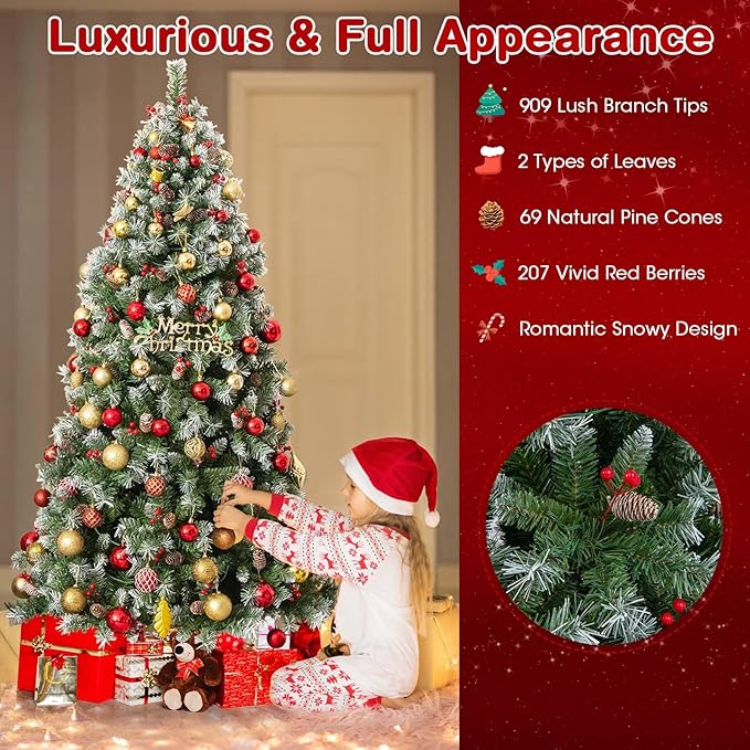 Goplus 6.5ft Pre-Lit Christmas Tree, Artificial Hinged Xmas Tree with 420 Warm-White LED Lights, 8 Lighting Modes, 909 Branch Tips, Red Berries & Pinecones, for Holiday Party Office Home Decor